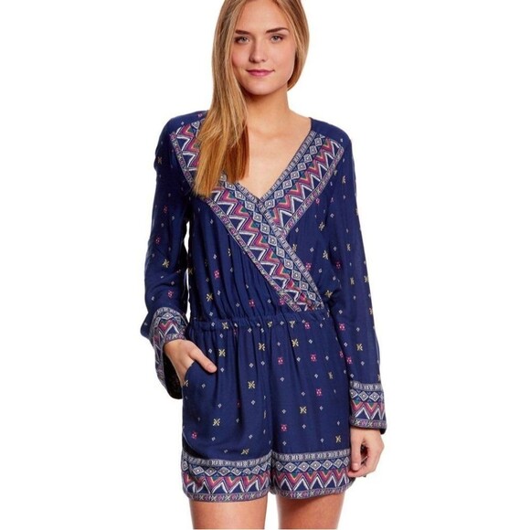 Roxy Boho Navy Medallion Print Surplice Front Flowy Romper - Picture 1 of 14